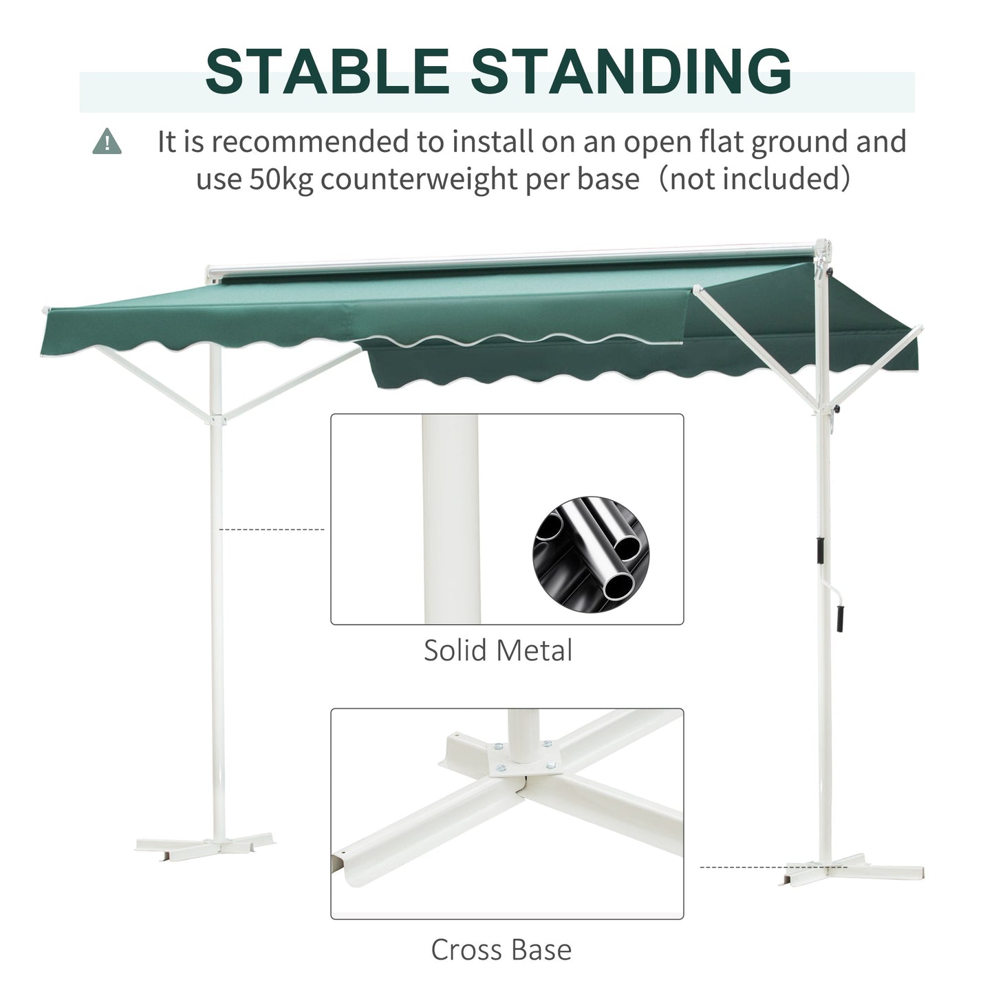 Outsunny 2 Side Manual Awning Garden Adjustable Canopy Free Standing Awning Shelter, 300 x 300 cm, Green and White