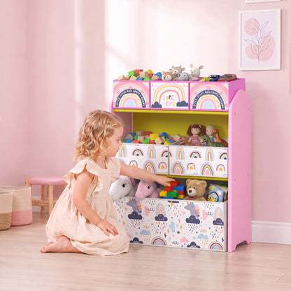 AIYAPLAY Toy Storage Organiser, 3-Tier Wooden Kids Toy Storage Rack with 6 Fabric Storage Bins for Bedroom, Kids Room, Pink