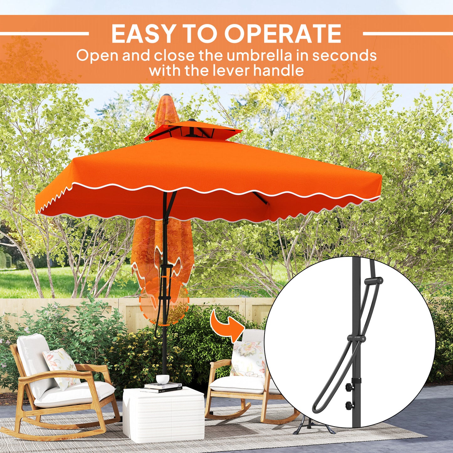 Outsunny 2,5 m parasol wspornikowy z łatwą dźwignią, kwadratowy podwójny parasol ogrodowy z falbankami i poprzeczną podstawą, zwisające osłony przeciwsłoneczne na zewnątrz, pomarańczowy