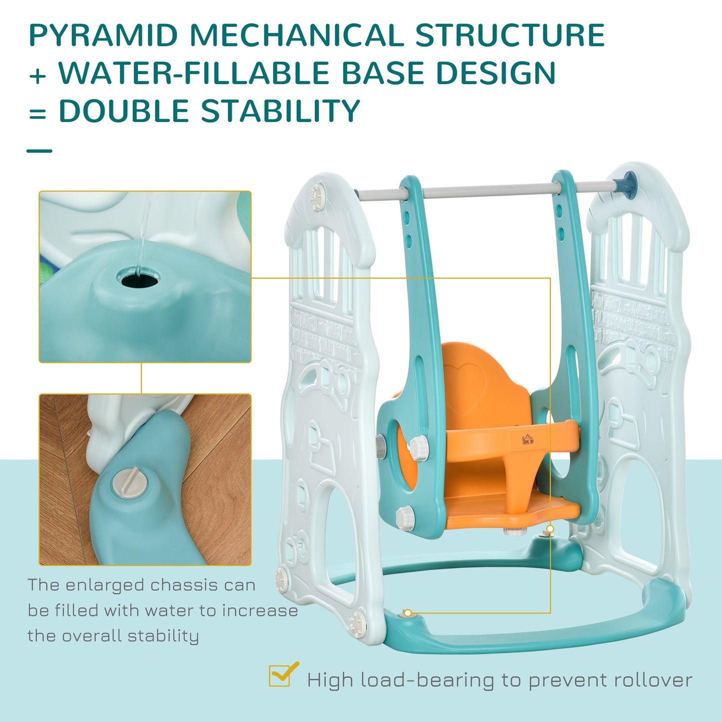 HOMCOM 3 in 1 Kids Slide and Swing Set Playset Activity Center with Basketball Hoop Adjustable Height Water-fillable Base Toddler Climber Playground Indoor Outdoor Exercise Toy