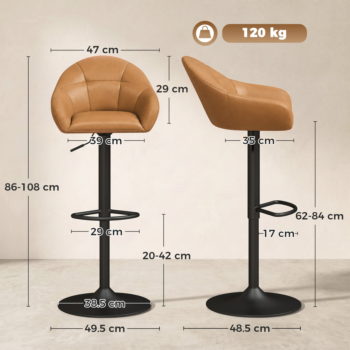 HOMCOM Bar Stools Adjustable Heights Breakfast Bar Stools Backrest Armrests Set of 2, Brown