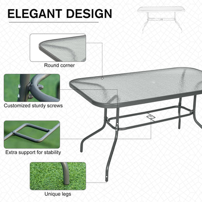 Outsunny Garden Dining Table Glass Top Metal Frame with Parasol Hole Outdoor Balcony Grey 140L x 80Wcm