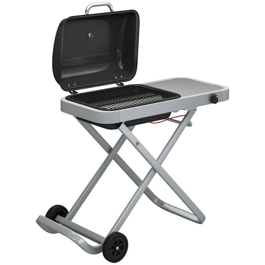 Outsunny Foldable Gas BBQ Grill with Side Table, Portable Gas Barbecue Grill with Thermometer, Grease Box, Wheels, 2.5 kW, Black