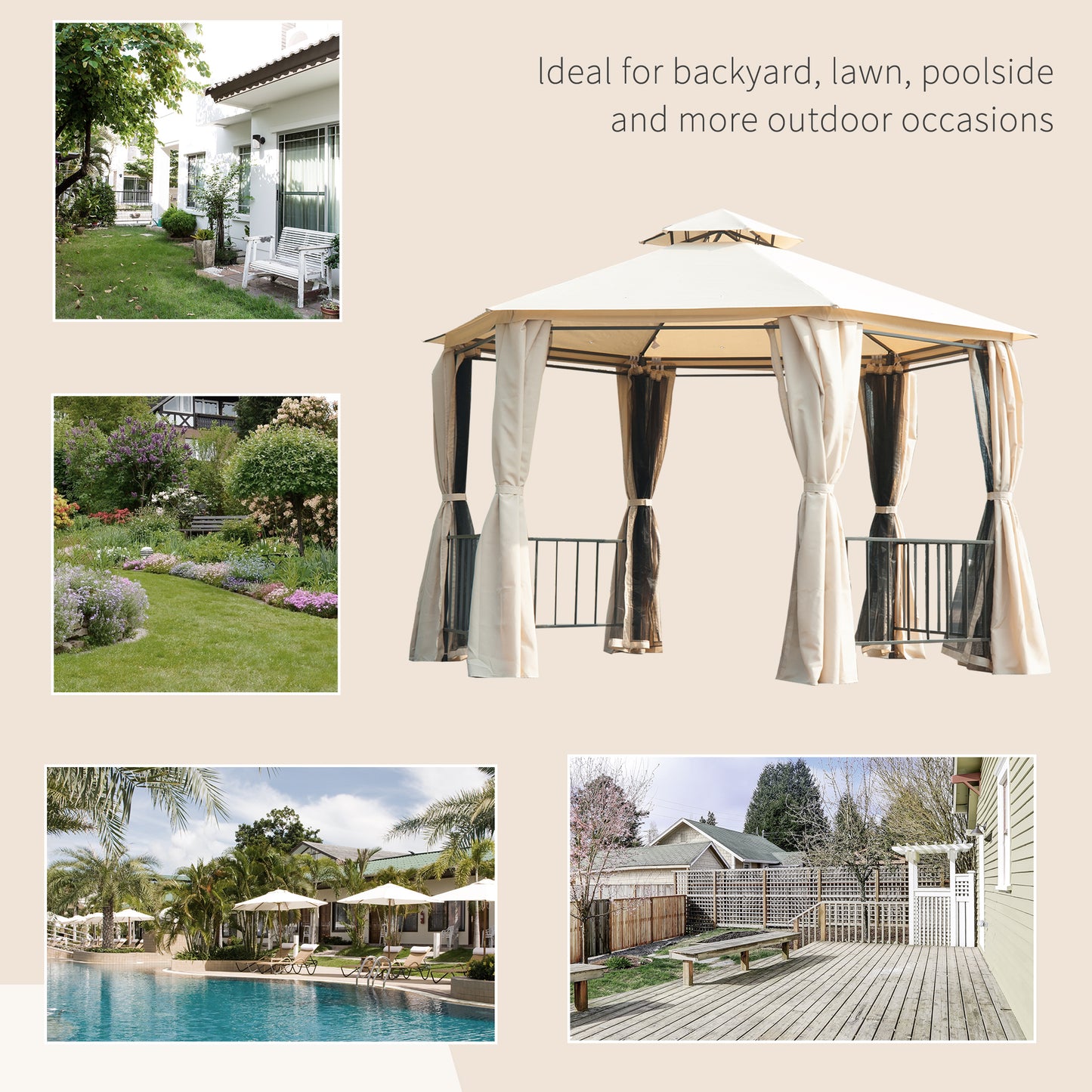 Outsunny 3 x 3(m) Hexagon Gazebo Patio Canopy Party Tent Outdoor Garden Shelter w/ 2 Tier Roof & Side Panel - Beige