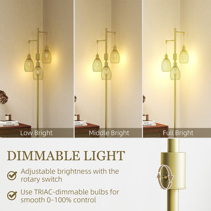 HOMCOM 3-Light Floor Lamp, 170cm Industrial Dimmable Standing Lamp with Steel Wire Cage Lampshades for Living Room, Bedroom, Dining Room, Study, Gold Tone
