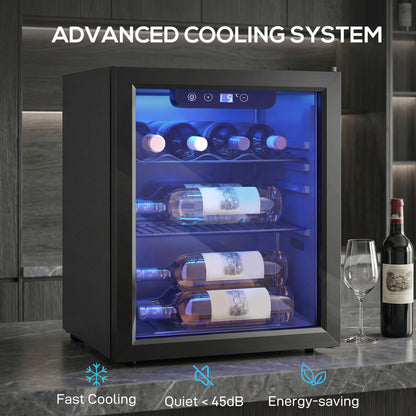HOMCOM 16 Bottle Wine Cooler, 48 Litre Capacity, 4-16°C Tabletop Counter Drinks Wine Fridge with Glass Door, LED Light, Black