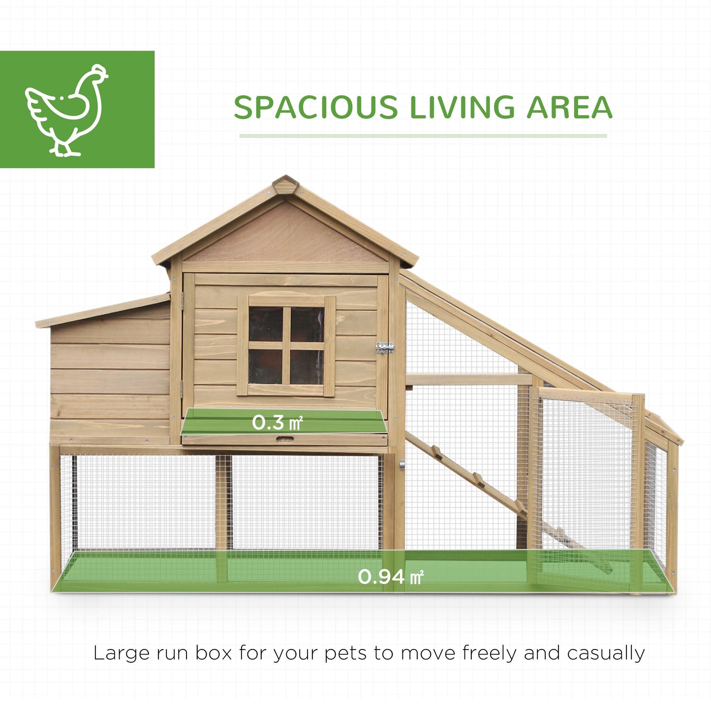 PawHut Chicken Coop, Hen House, Wooden Poultry Habitat with Outdoor Run, Nesting Box, Slide Out Tray, Lockable Doors, 176 x 66 x 110cm, Natural