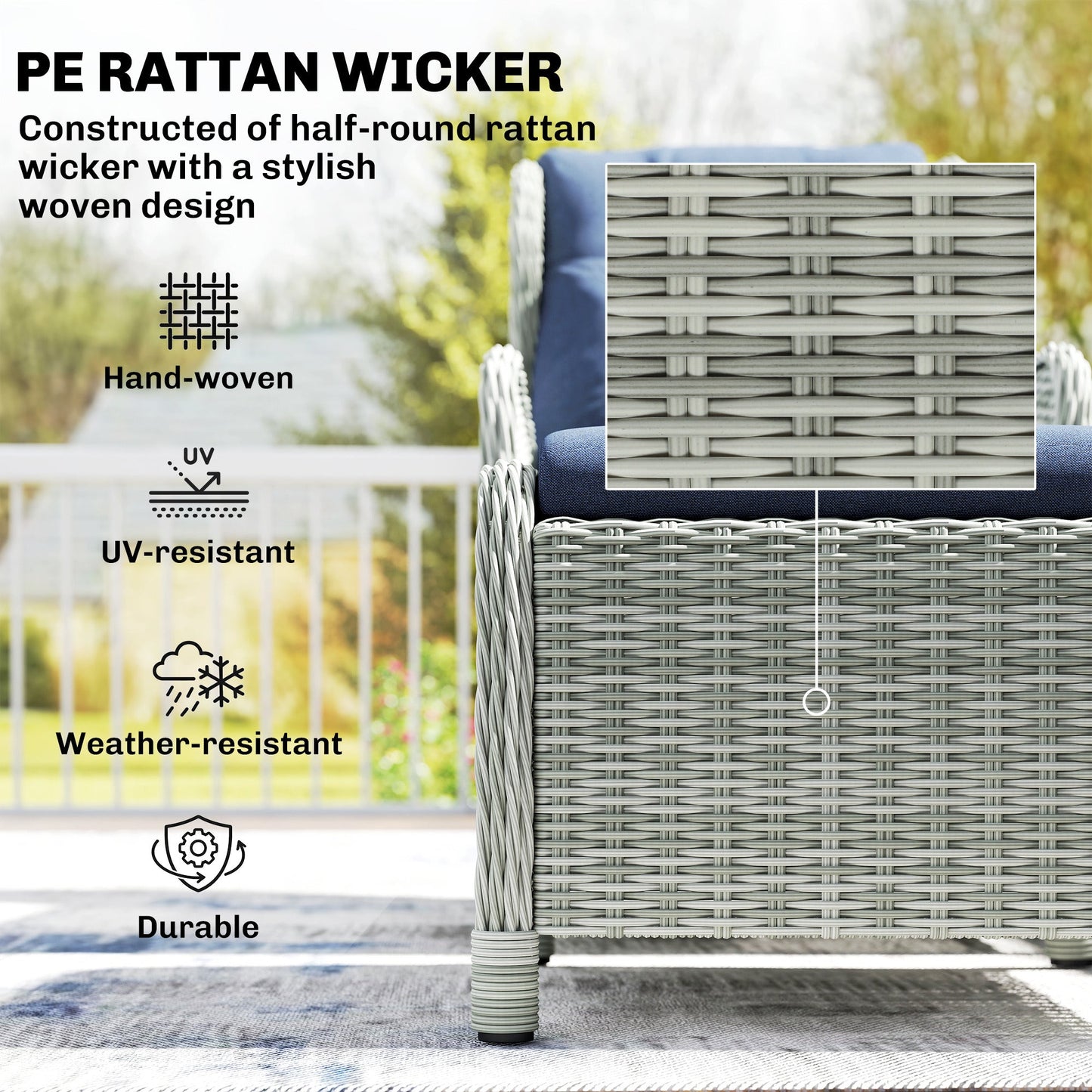 Outsunny 5 Piece Garden Furniture Set, Rattan Reclining Garden Chair Set of 2 with Footstool and Cushion for Balcony, Dark Blue