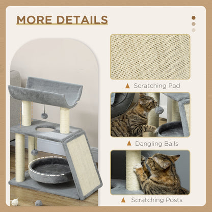 PawHut Cat Tree Tower, with Scratching Posts, Pad, Bed, Perch, Toy Ball - Light Grey