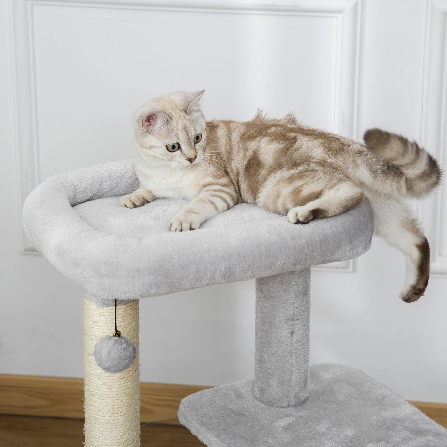 PawHut Cat Tree Tower تسلق مركز الأنشطة أثاث القطط مع لعبة تدليك السيزال بعد الخدش، سرير معلق على شكل كرة، جثم 48 × 48 × 80 سم، رمادي فاتح مع/