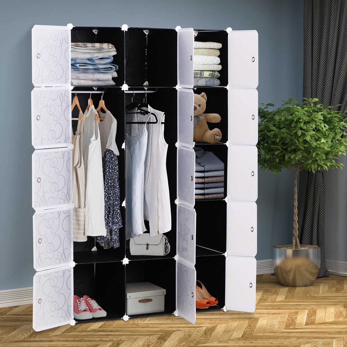 HOMCOM Portable Wardrobe for Bedroom, 15 Cube Closet with Hanging Rail, Modular Storage Cabinet, Plastic Armoire for Space Saving, White and Black