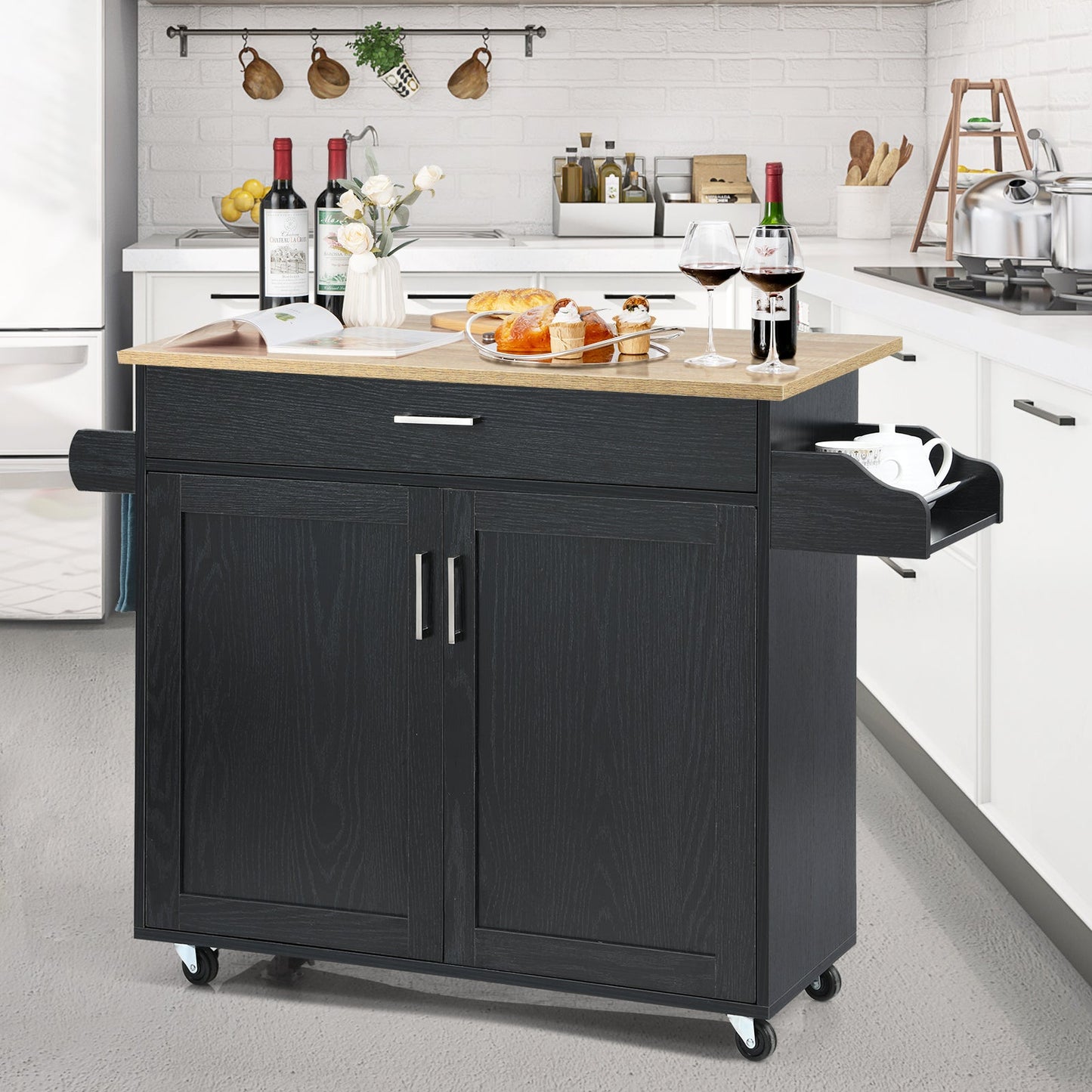 Rolling Kitchen Storage Trolley with Adjustable Shelf and Drawer-Black