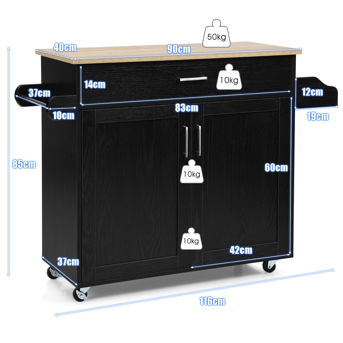 Rolling Kitchen Storage Trolley with Adjustable Shelf and Drawer-Black