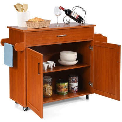 Rolling Kitchen Storage Trolley with Adjustable Shelf and Drawer-Brown