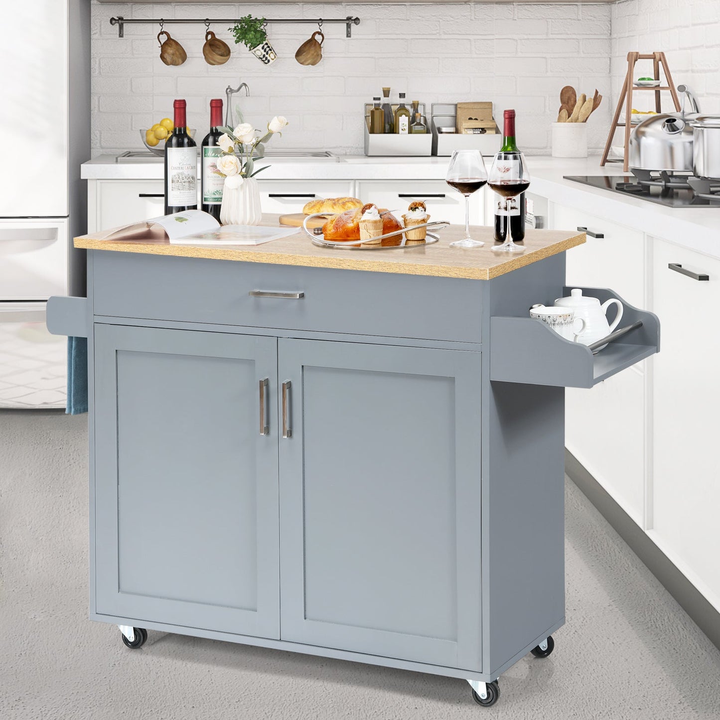 Rolling Kitchen Storage Trolley with Adjustable Shelf and Drawer-Grey