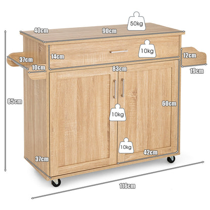 Rolling Kitchen Storage Trolley with Adjustable Shelf and Drawer-Natural