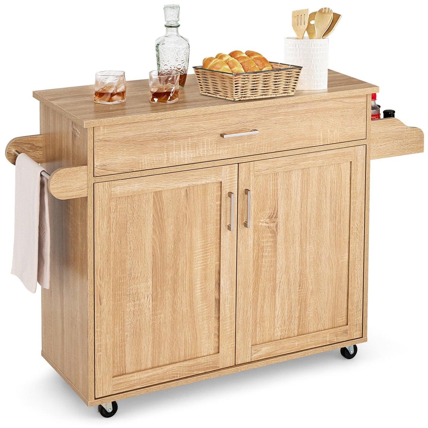 Rolling Kitchen Storage Trolley with Adjustable Shelf and Drawer-Natural