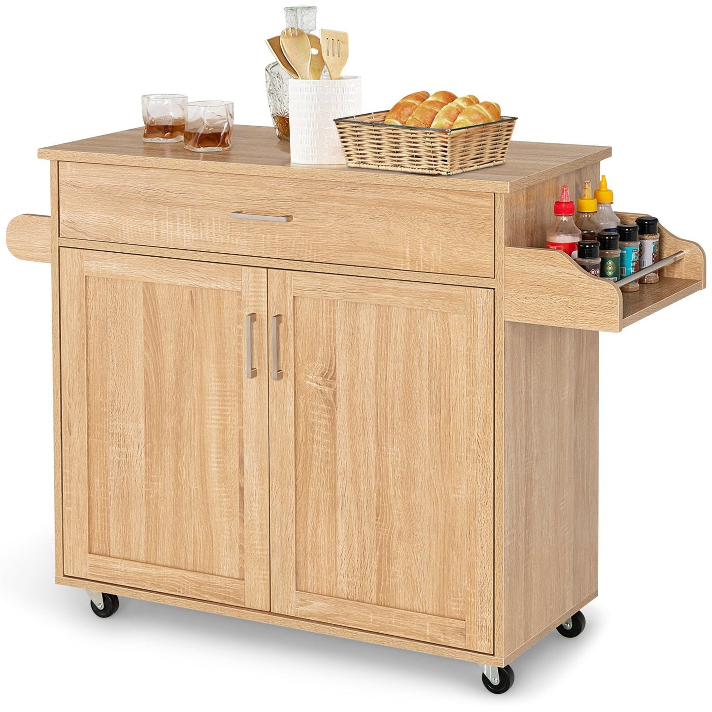 Rolling Kitchen Storage Trolley with Adjustable Shelf and Drawer-Natural