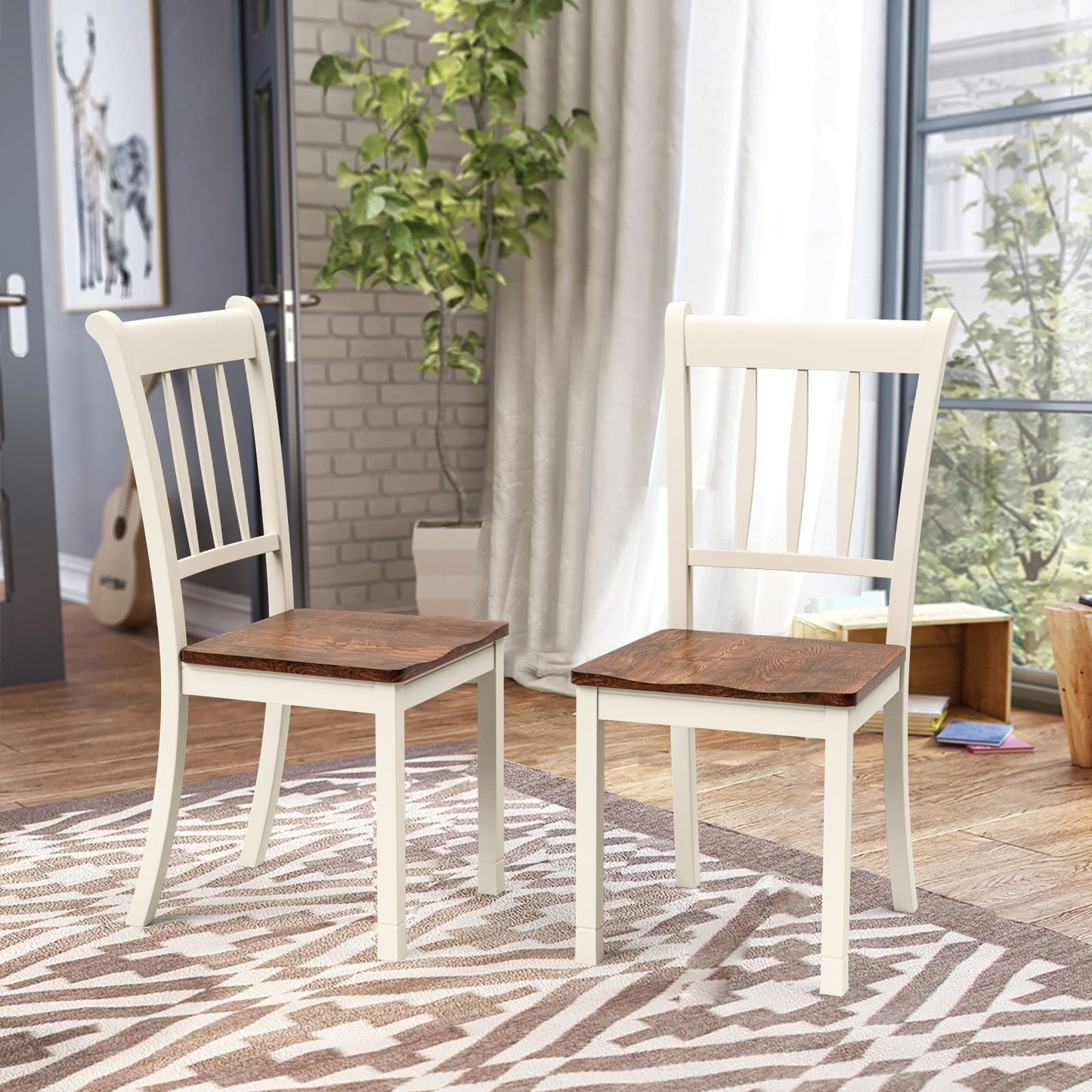 Set of 2 Slatted High Backrest Dining Chairs with Shaped Seat-White