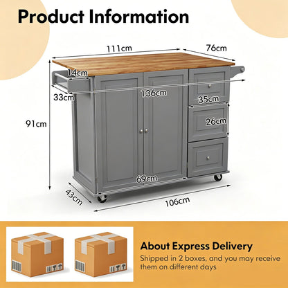 Kitchen Island Trolley with 3 Drawers and 2-door Cabinet-Gray
