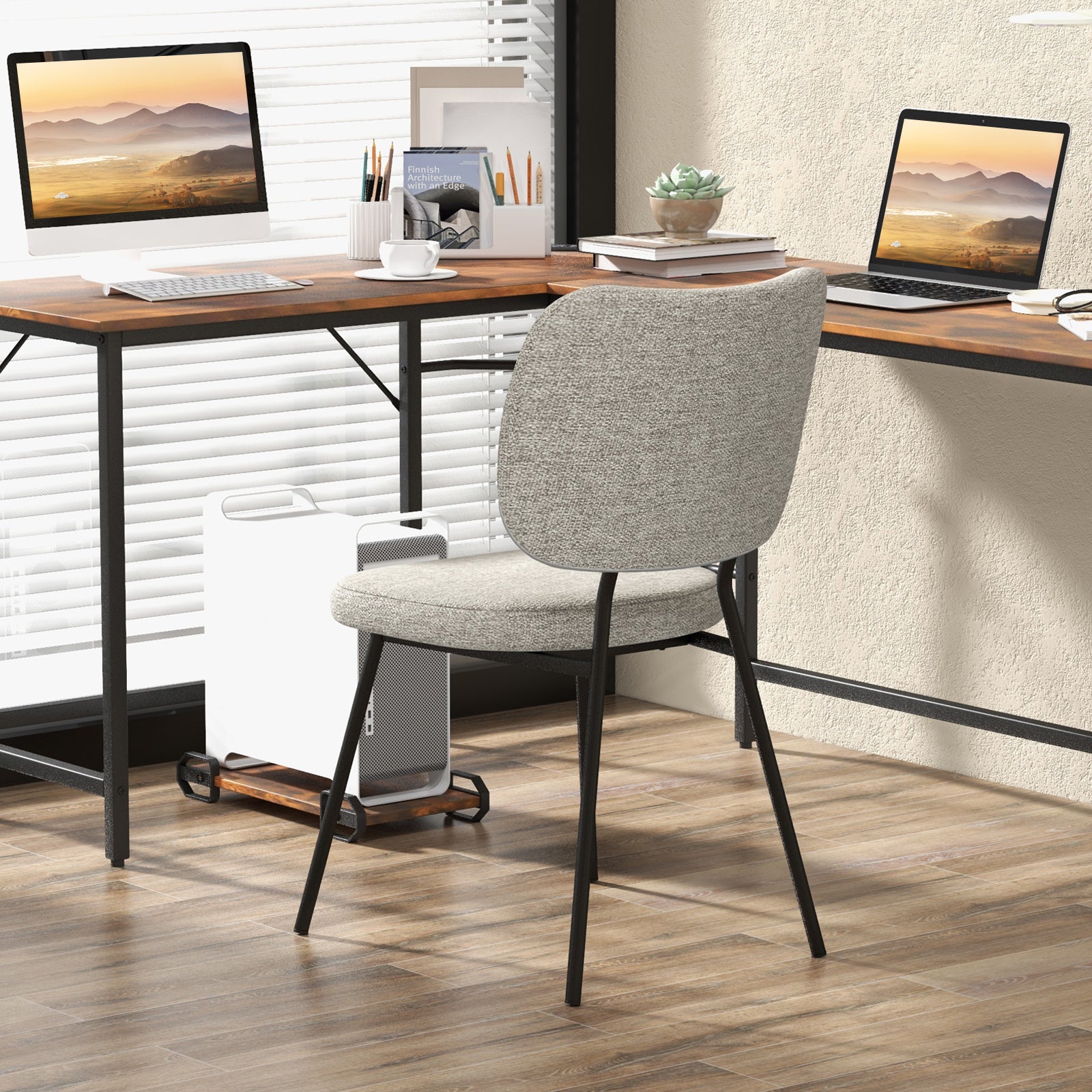Modern Fabric Dining Chair Set of 2 with Linen Fabric-Grey