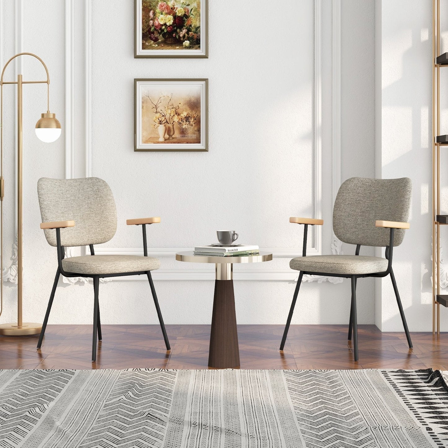 Set of 2 Linen Fabric Upholstered Dining Chairs with Curved Backrest-Grey