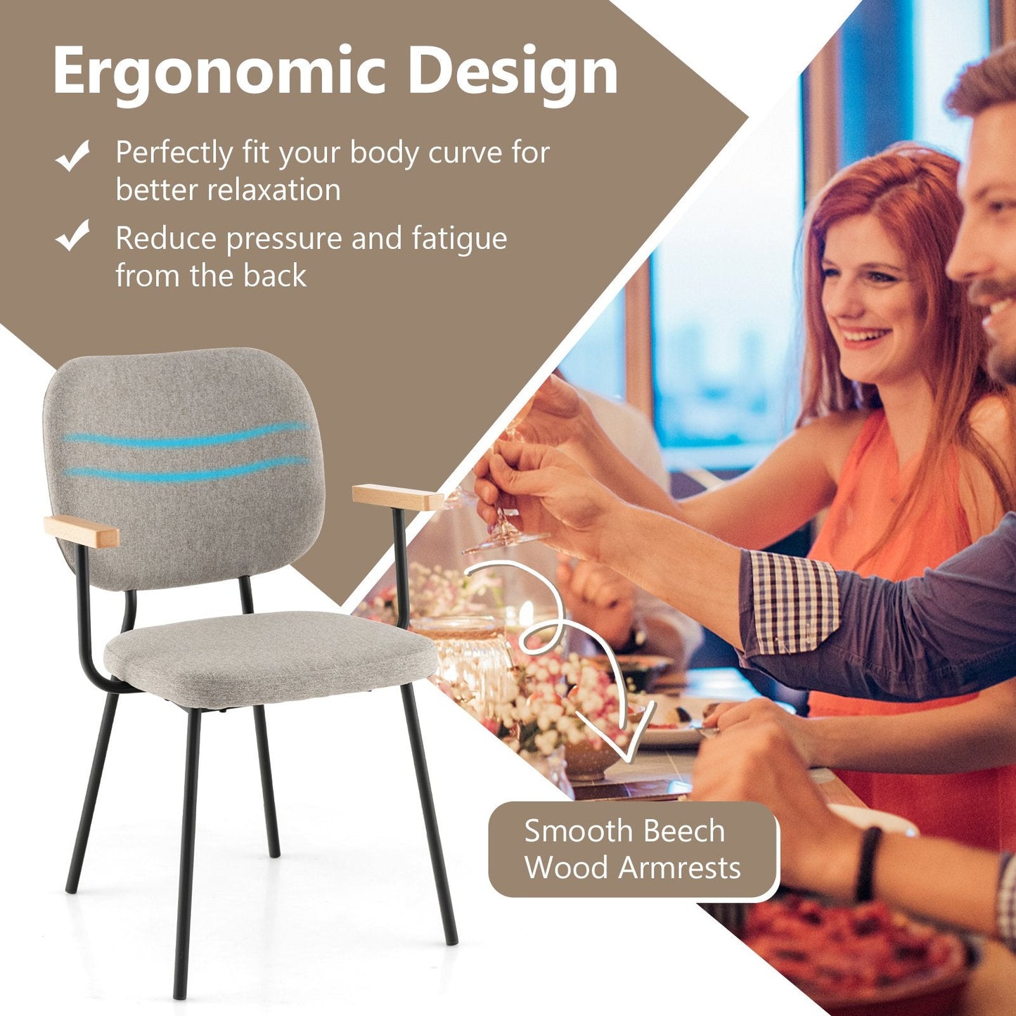 Set of 2 Linen Fabric Upholstered Dining Chairs with Curved Backrest-Grey