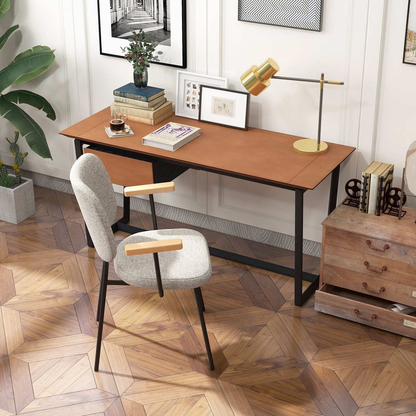 Set of 2 Linen Fabric Upholstered Dining Chairs with Curved Backrest-Grey