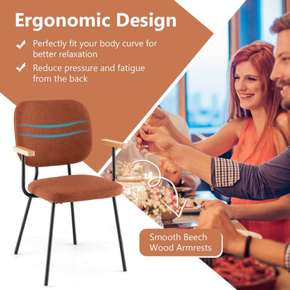 Set of 2 Linen Fabric Upholstered Dining Chairs with Curved Backrest-Orange