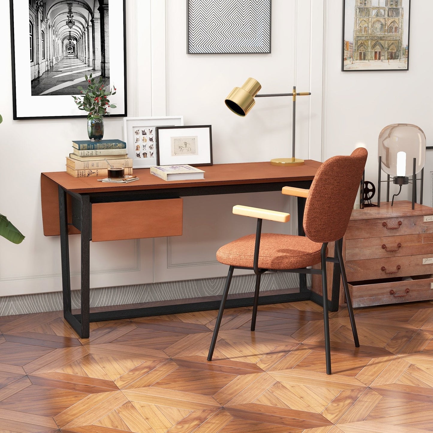 Set of 2 Linen Fabric Upholstered Dining Chairs with Curved Backrest-Orange