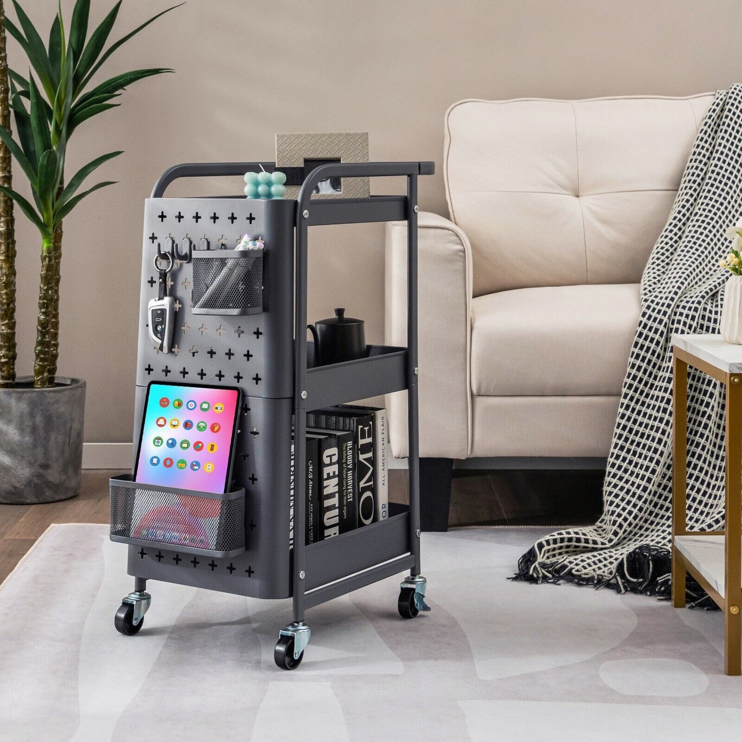 3-Tier Rolling Storage Organizer Cart with Dual DIY Pegboards-Gray