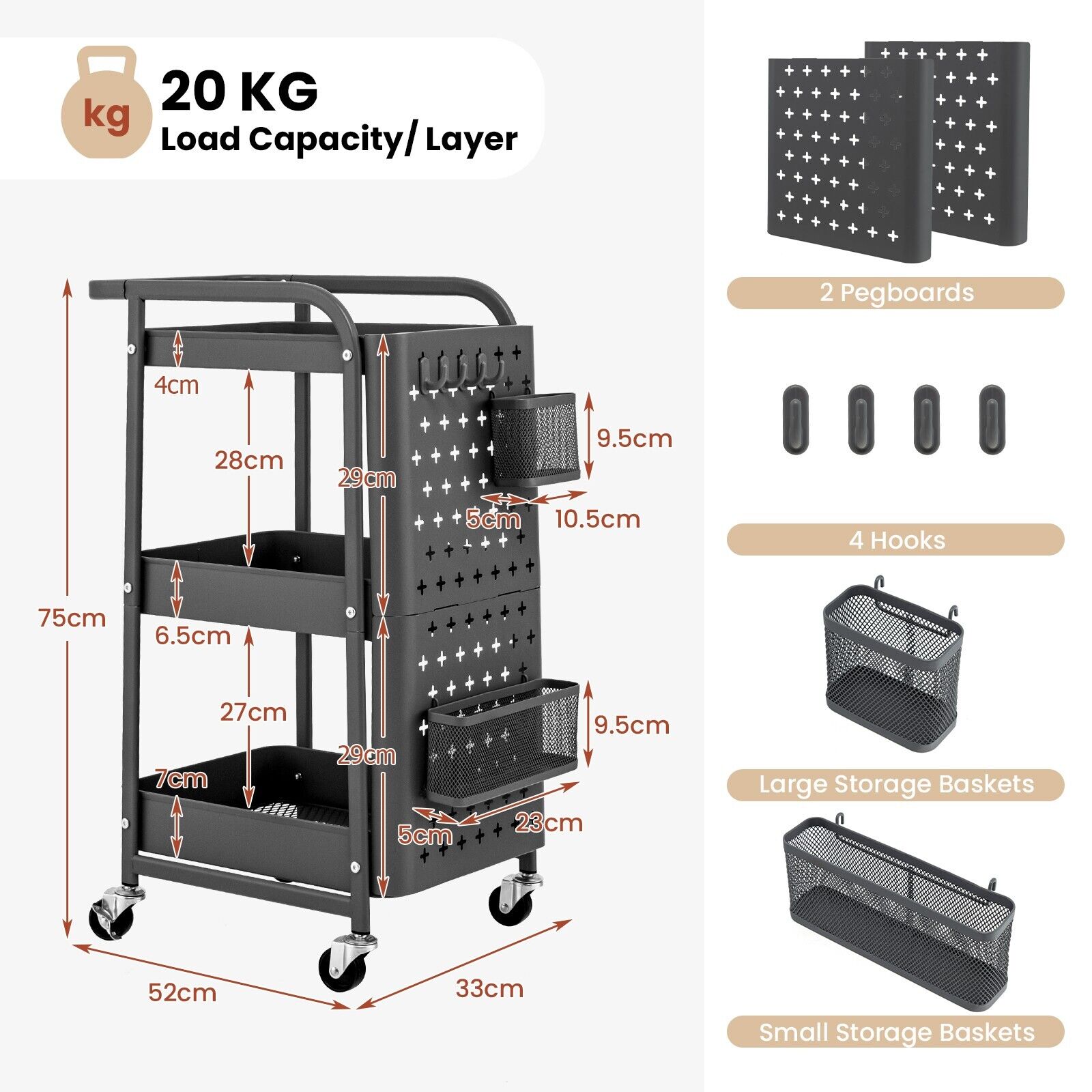 3-Tier Rolling Storage Organizer Cart with Dual DIY Pegboards-Gray