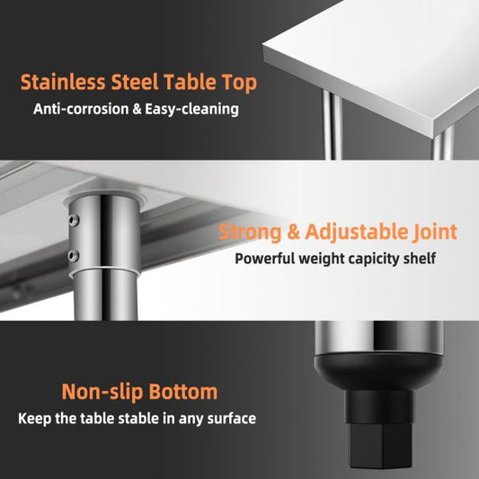 Stainless steel kitchen table work table gastro table with intermediate shelf 92x61x90cm