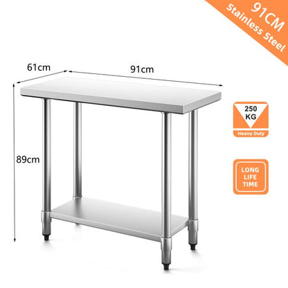 Stainless steel kitchen table work table gastro table with intermediate shelf 92x61x90cm