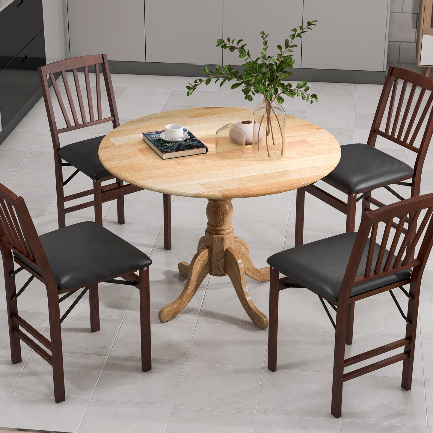 Wooden Dining Table with Round Tabletop and Curved Trestle Legs-Natural