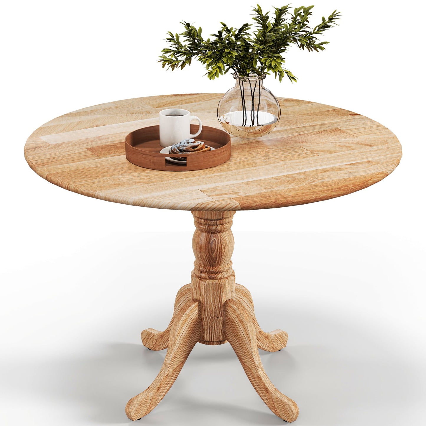 Wooden Dining Table with Round Tabletop and Curved Trestle Legs-Natural