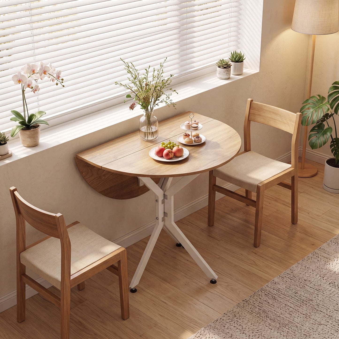80 CM Round Dining Table for 2-4 People Drop Leaf Expandable Kitchen Table-White