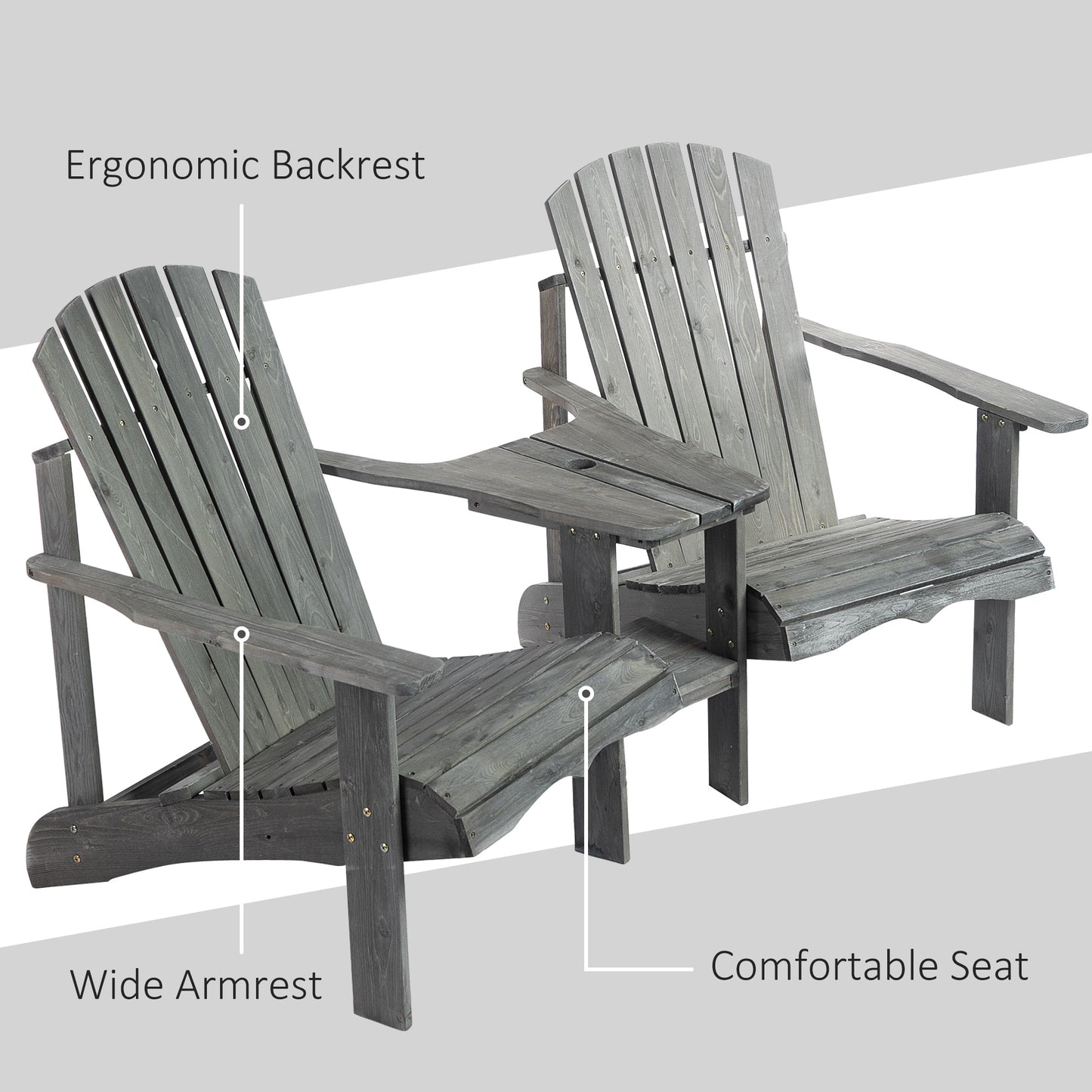 Drewniana sofa ogrodowa Outsunny Double Adirondack Chairs z podwójnymi krzesłami, stolikiem centralnym i otworem na parasol, meble ogrodowe do wypoczynku i relaksu, kolor szary