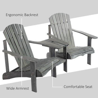Drewniana sofa ogrodowa Outsunny Double Adirondack Chairs z podwójnymi krzesłami, stolikiem centralnym i otworem na parasol, meble ogrodowe do wypoczynku i relaksu, kolor szary