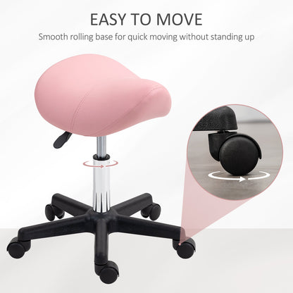 HOMCOM Saddle Stool, PU Leather Adjustable Rolling Salon Chair ze stalową ramą do masażu, spa, urody i tatuażu, różowy