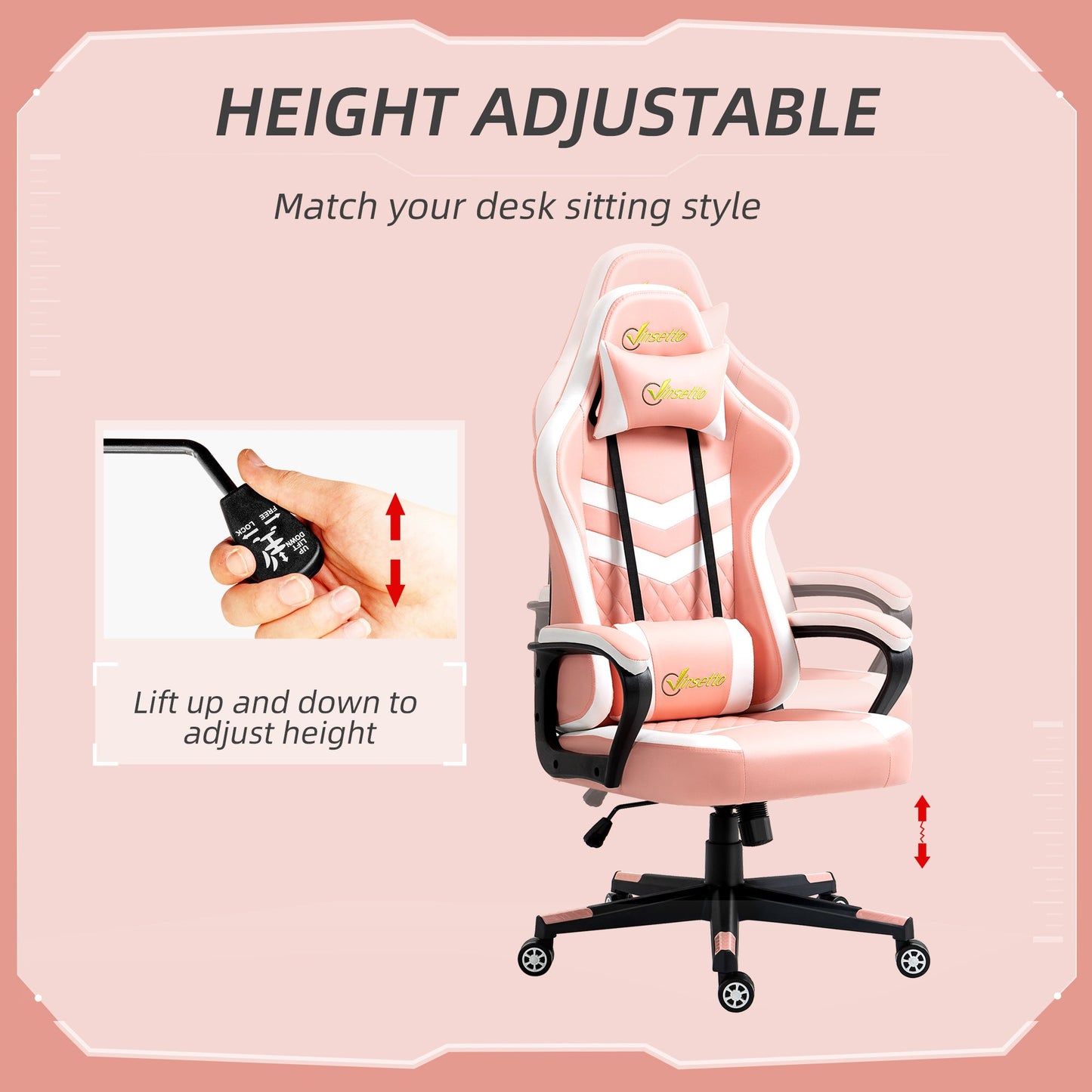 Vinsetto Gaming Chair, Computer Desk Chair with Lumbar Support, Faux Leather Racing Chair with Headrest and Swivel Wheels for Home Office, Pink