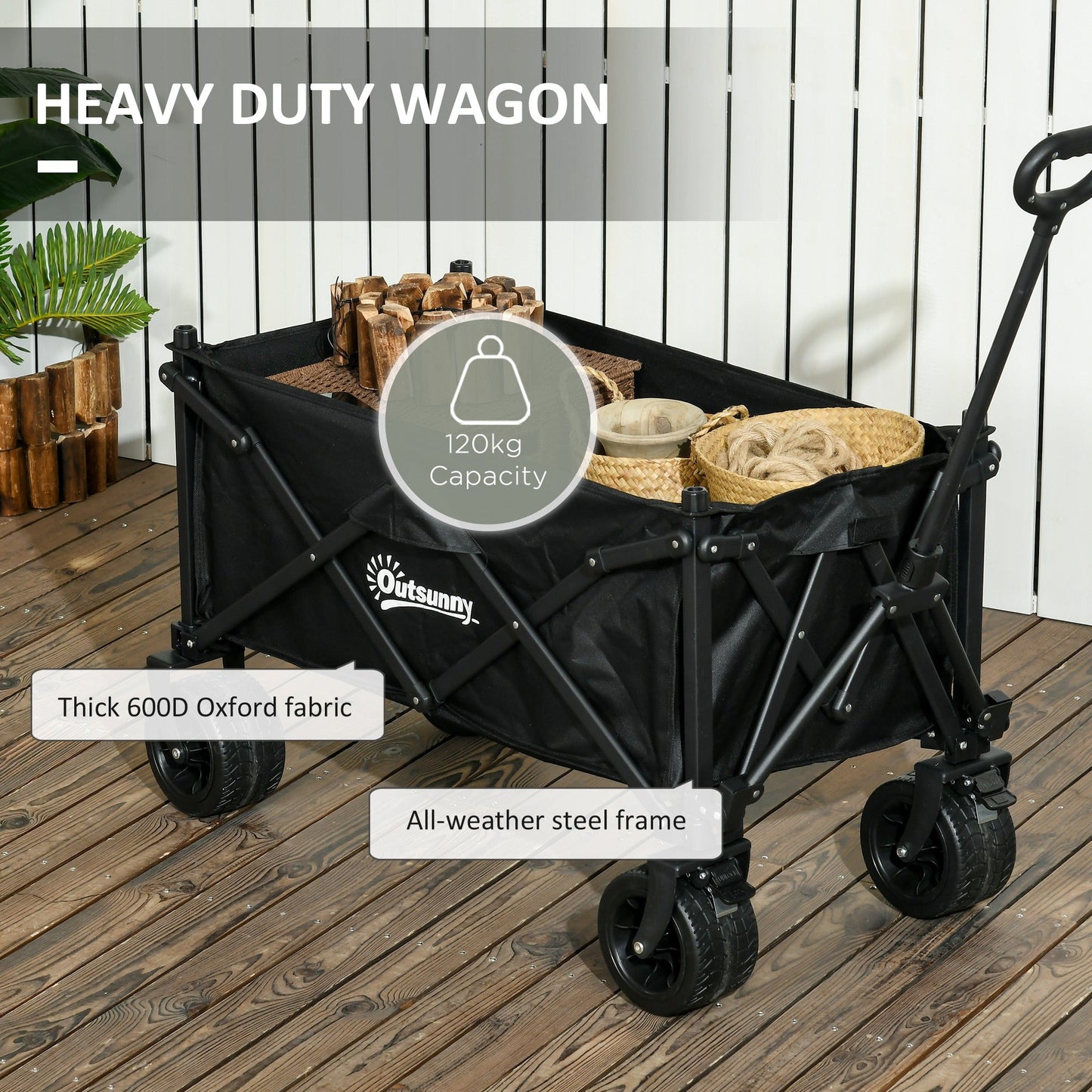 Outsunny Folding Garden Trolley, Outdoor Wagon Cart with Carry Bag, for Beach, Camping, Festival, 120KG Capacity, Black