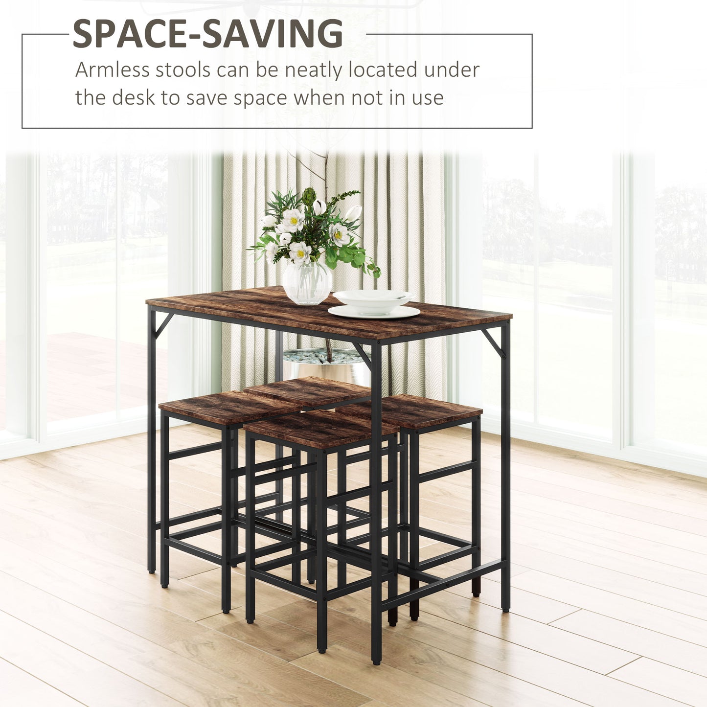 HOMCOM Industrial Rectangular Bar Table Set with 4 Stools for Dining Room, Kitchen, Dinette