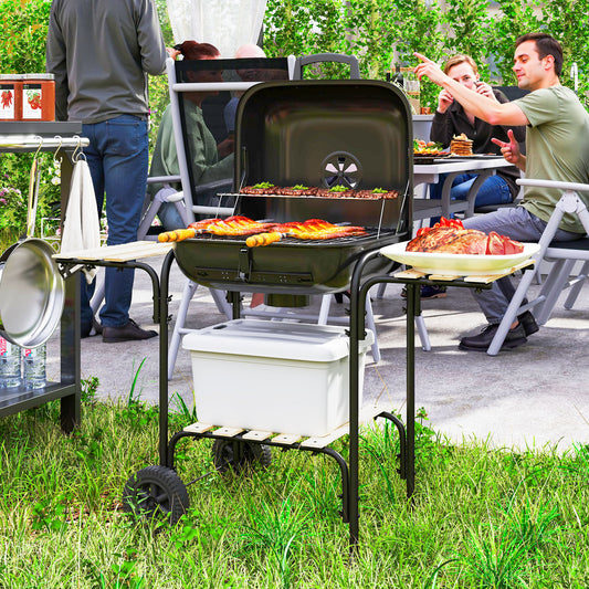 Grill węglowy Outsunny przenośny grill BBQ o powierzchni do gotowania 1840 cm√Ç¬≤, 3 półki, regulowany otwór wentylacyjny, zamykana pokrywa, kółka do gotowania na świeżym powietrzu, przyjęcie ogrodowe, czarny