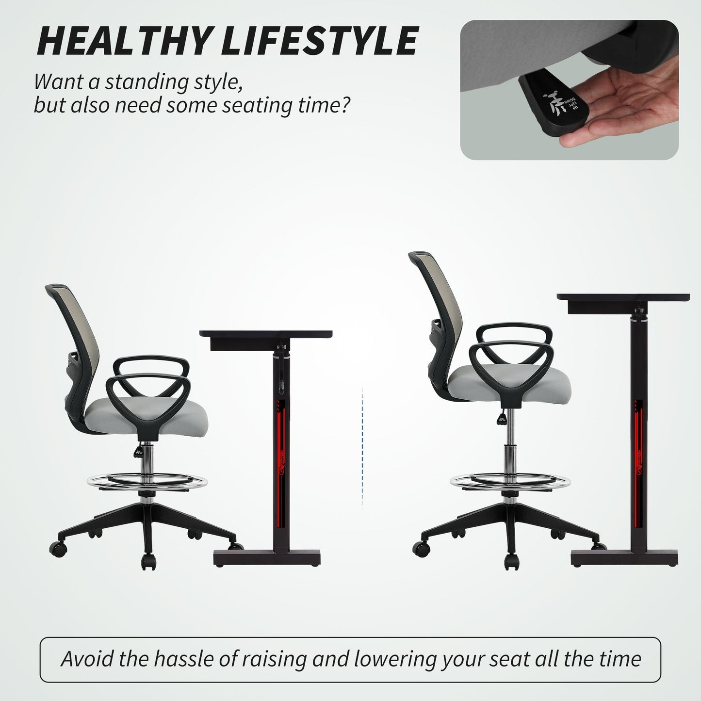 Vinsetto 100-120cm Draughtsman Office Chair, with Footrest - Light Grey