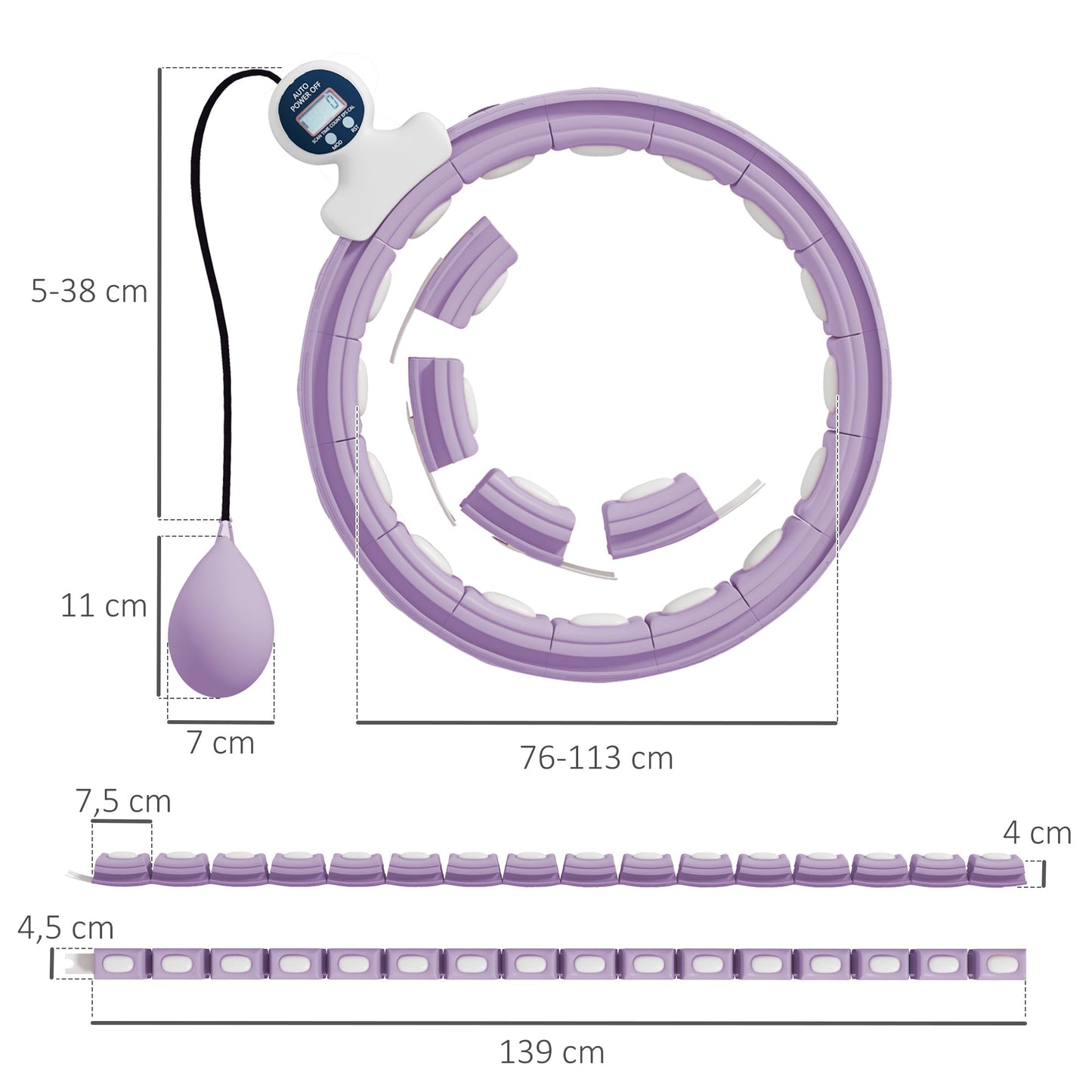SPORTNOW Smart Weighted Hula Hoop, Massage Hula Ring w/ 16 Detachable Knots, 360 Auto-Rotating Ball, Digital Counter, Purple
