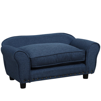 Sofa dla psa PawHut dla psów w rozmiarze XS i S, kanapa dla zwierząt z grubą gąbczastą poduszką, legowisko dla kociaka ze zmywalnym pokrowcem, drewniana rama - niebieska