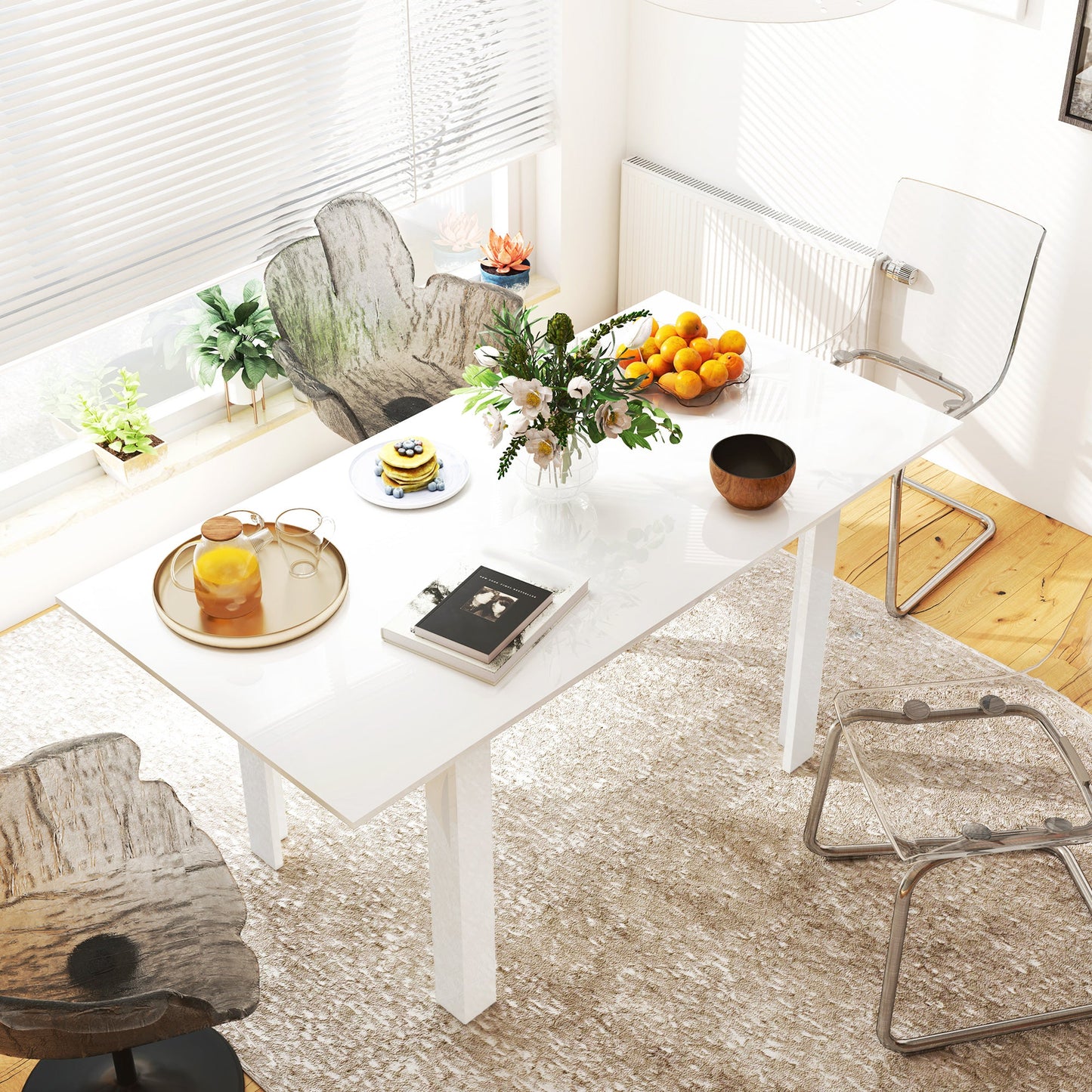 HOMCOM Extending Six-Person High Gloss Dining Table - White