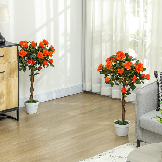 Outsunny Set of 2 Artificial Plants White Rose Floral in Pot, Fake Plants for Home Indoor Decor, 90cm, Orange