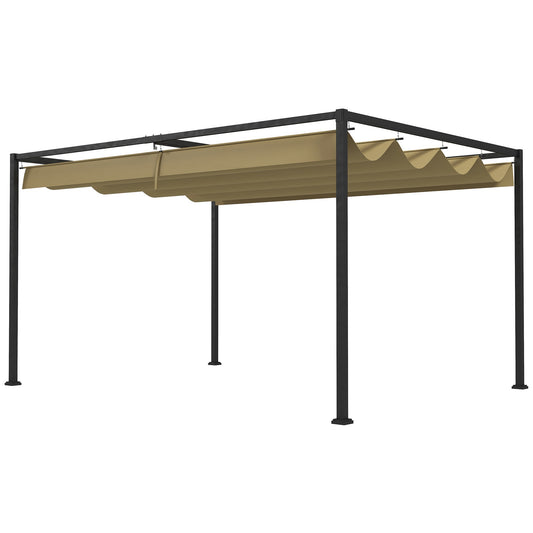 Outsunny 4 x 3(m) Metal Pergola with Retractable Roof, Garden Gazebo Canopy Shelter for Outdoor, Patio, Khaki